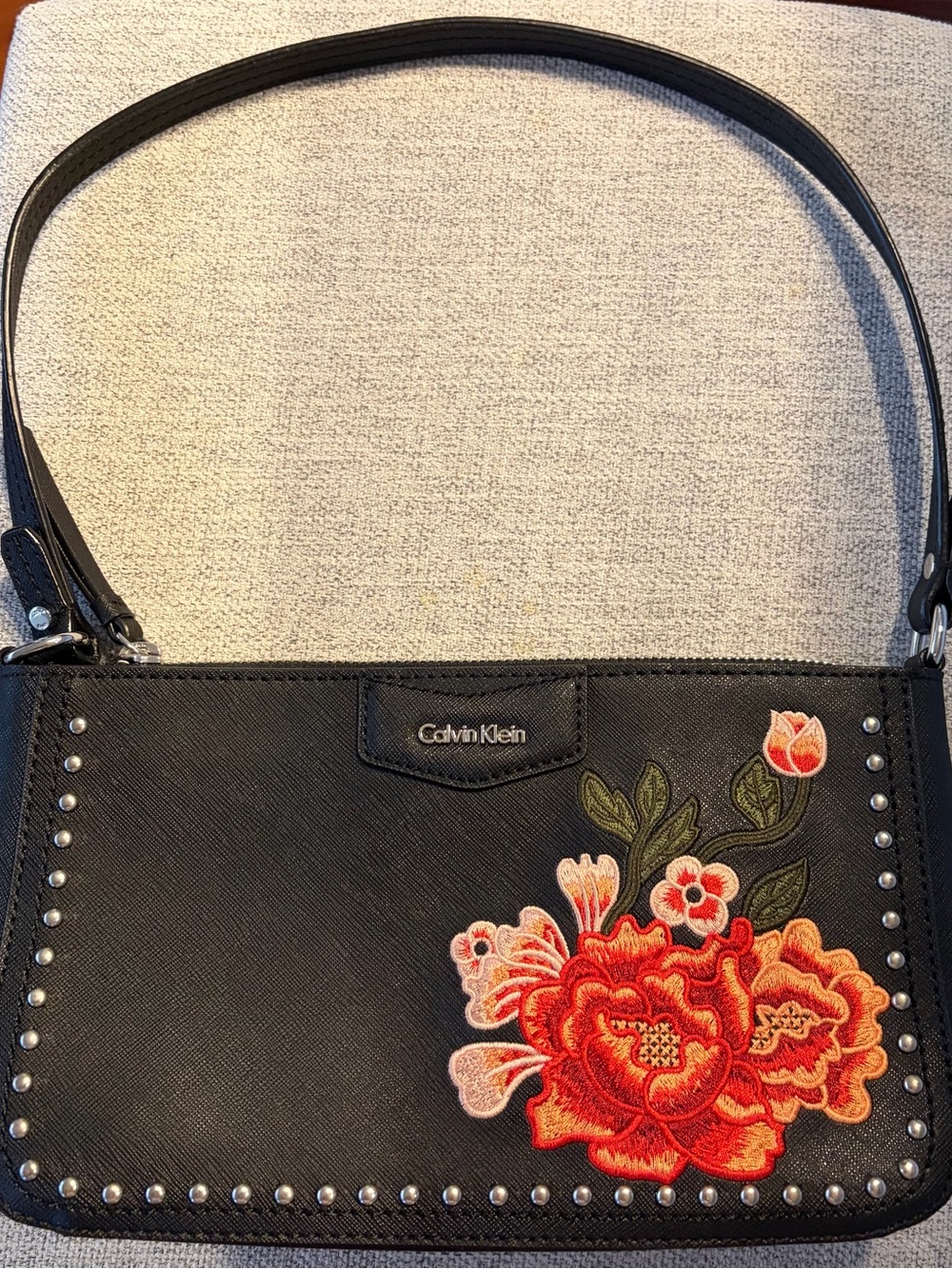 Calvin Klein Black Shoulder Bag with Red & Coral Floral Embroidery
